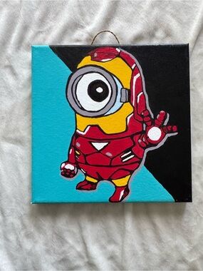 Minion x Iron Man Acrylic Canvas Painting - Red, Yellow, Teal 8 in by 8 in